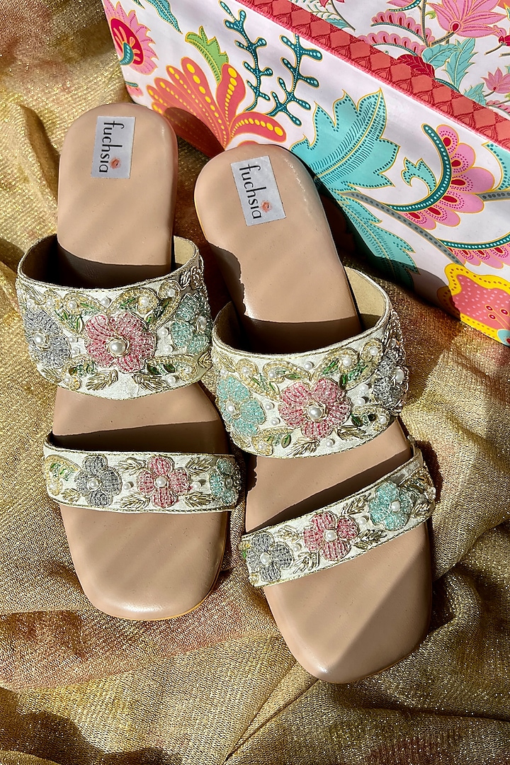 Pink Silk Embroidered Wedges by Fuchsia by Aashka Mehta