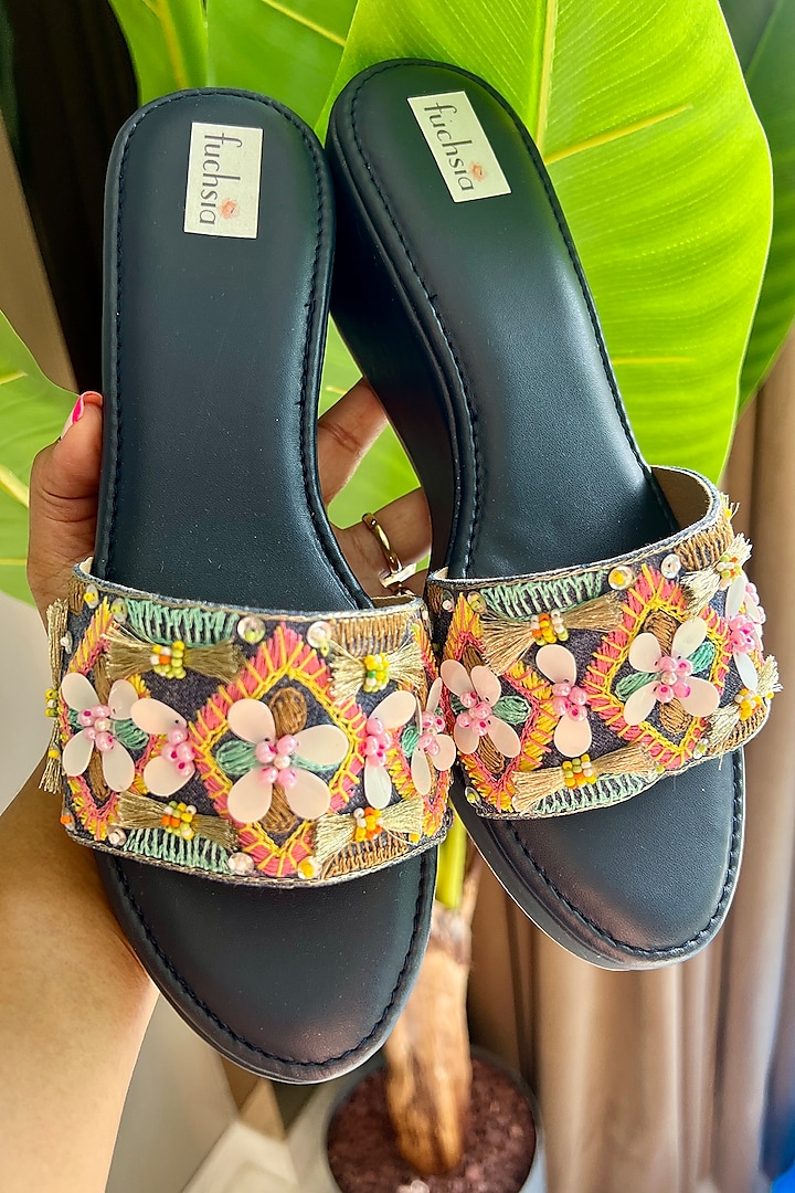 Navy Blue Vegan PU Embroidered Wedges by Fuchsia by Aashka Mehta at Pernia's Pop Up Shop