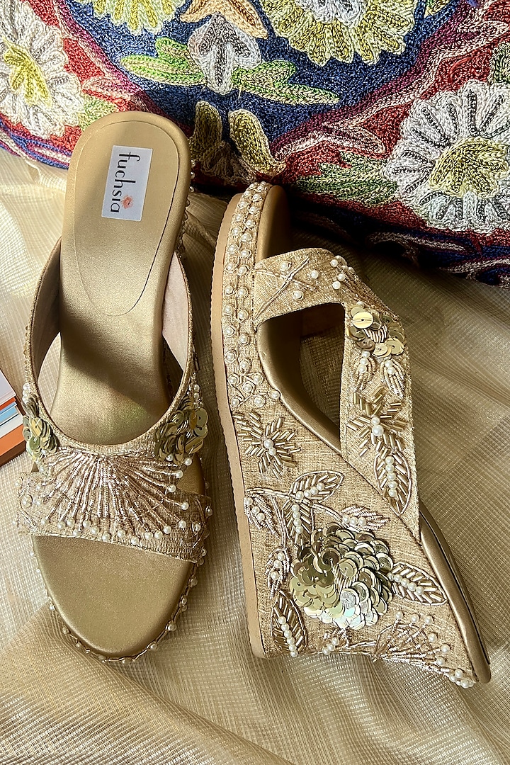 Gold Jute Silk Hand Embroidered Wedges by Fuchsia by Aashka Mehta