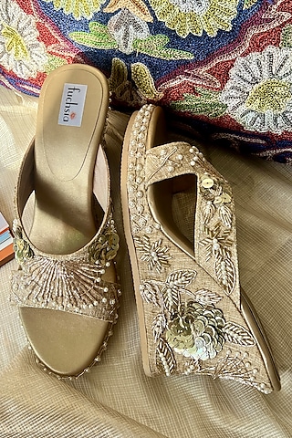 Gold Jute Silk Hand Embroidered Wedges by Fuchsia by Aashka Mehta