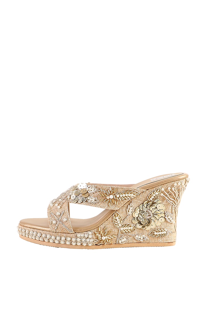 Gold Jute Silk Hand Embroidered Wedges by Fuchsia by Aashka Mehta at Pernia's Pop Up Shop