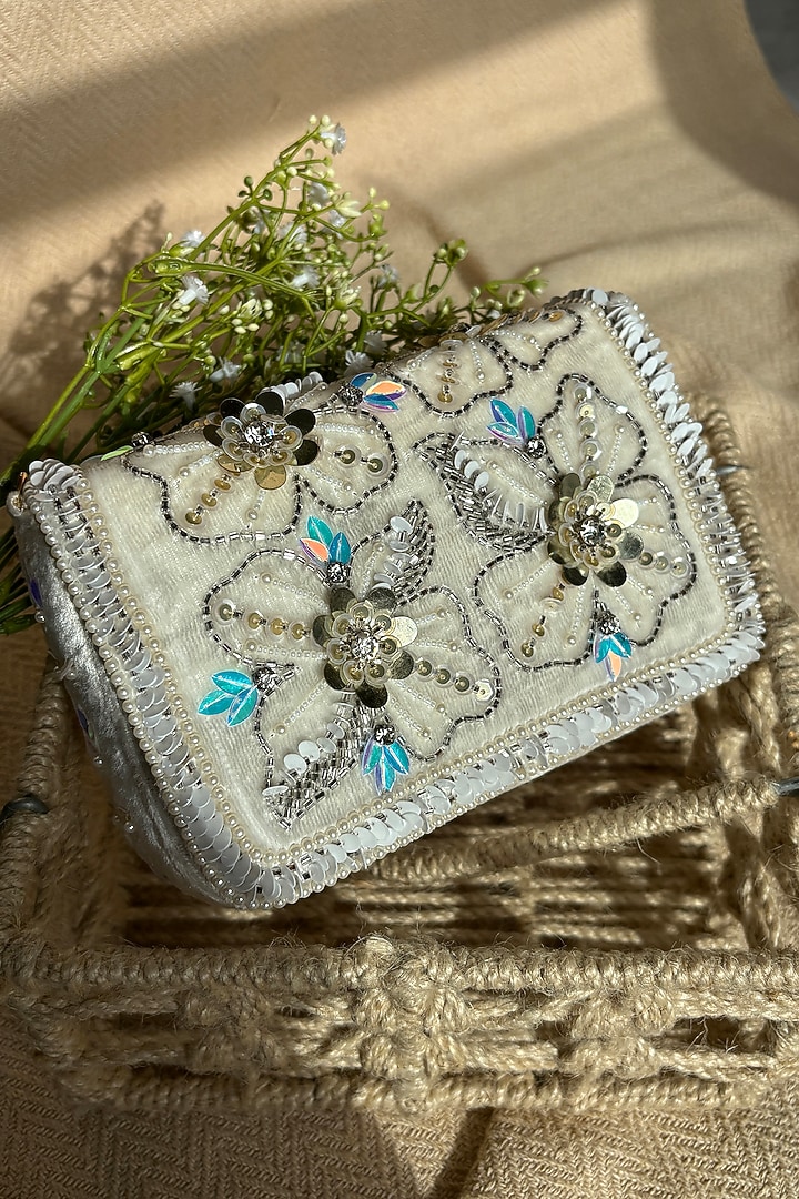 White Velvet Bead & Sequin Embroidered Handcrafted Clutch by Fuchsia by Aashka Mehta at Pernia's Pop Up Shop