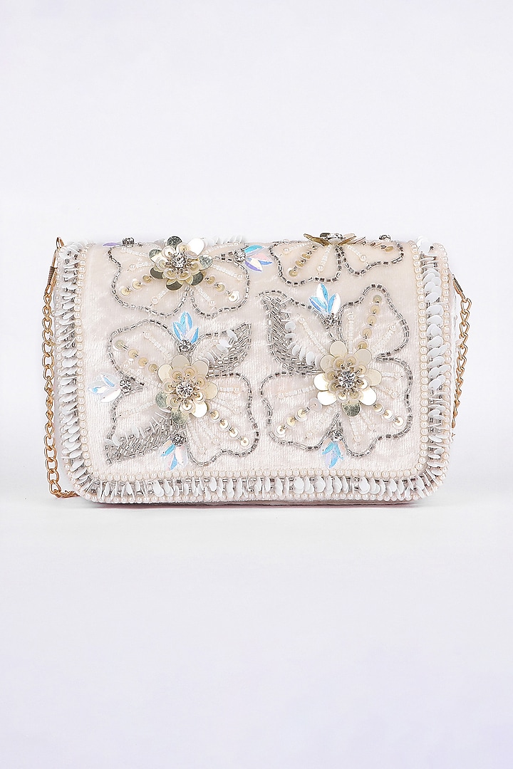 White Velvet Bead & Sequin Embroidered Handcrafted Clutch by Fuchsia by Aashka Mehta at Pernia's Pop Up Shop