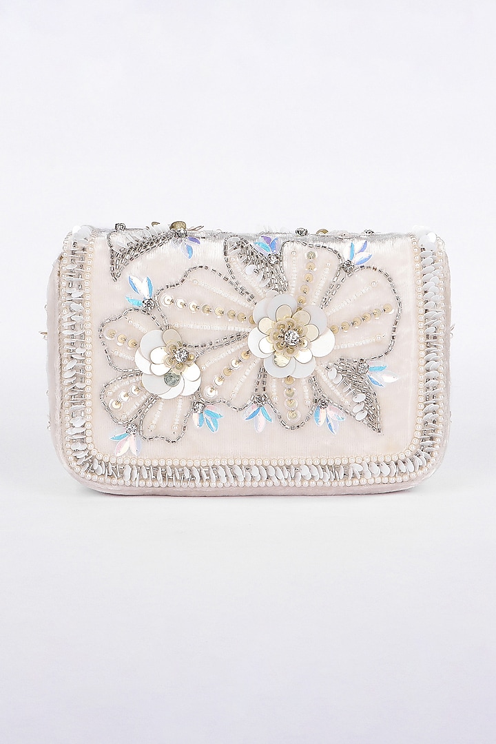 White Velvet Bead & Sequin Embroidered Handcrafted Clutch by Fuchsia by Aashka Mehta at Pernia's Pop Up Shop