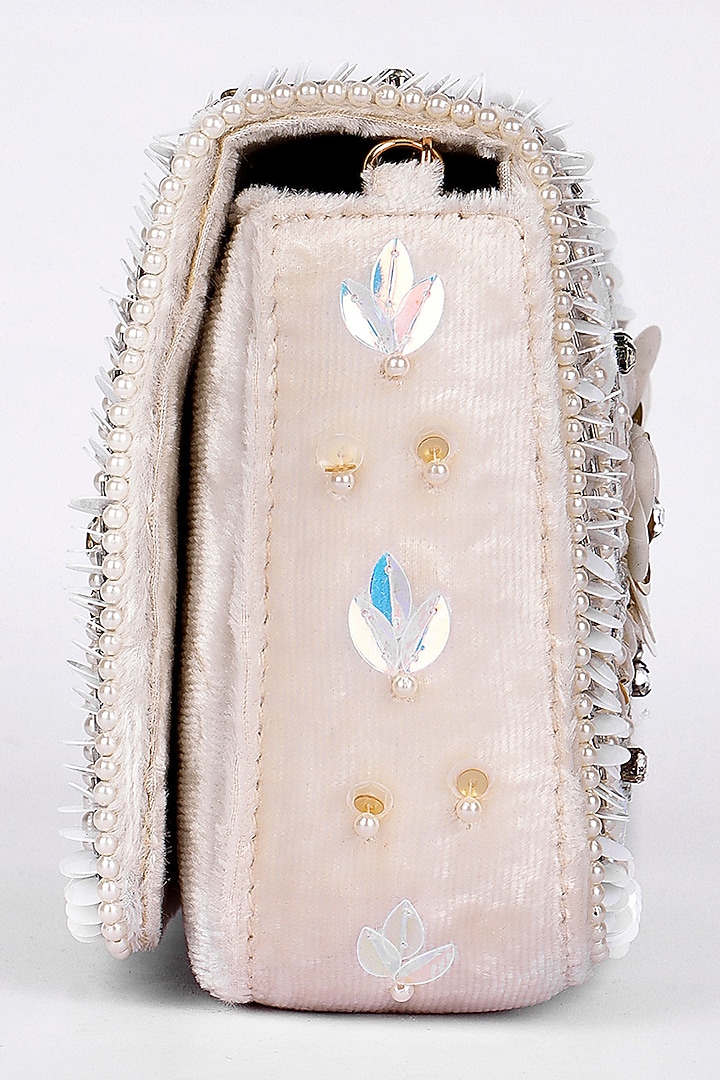 White Velvet Bead & Sequin Embroidered Handcrafted Clutch by Fuchsia by Aashka Mehta at Pernia's Pop Up Shop