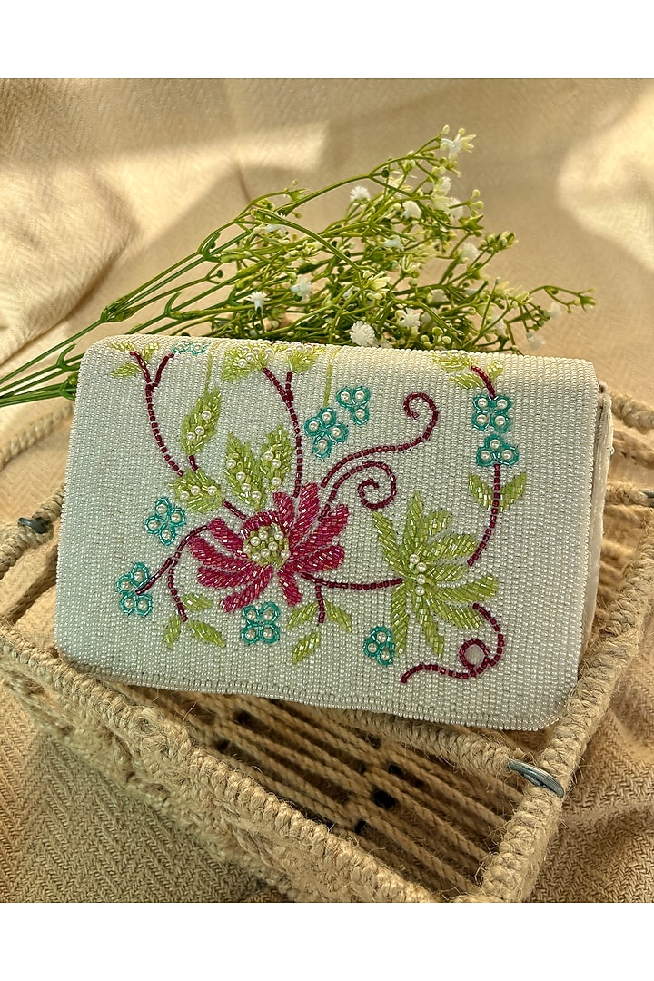 White Velvet Bead & Sequin Embroidered Handcrafted Clutch by Fuchsia by Aashka Mehta at Pernia's Pop Up Shop