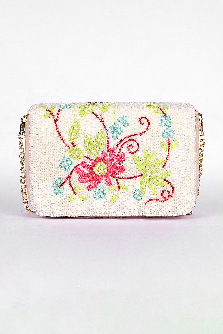 White Velvet Bead & Sequin Embroidered Handcrafted Clutch by Fuchsia by Aashka Mehta at Pernia's Pop Up Shop
