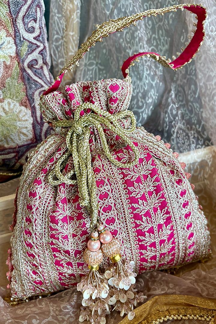 Pink Silk Embellished Potli Bag by Fuchsia by Aashka Mehta at Pernia's Pop Up Shop