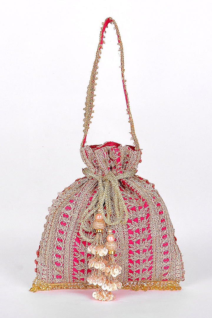 Pink Silk Embellished Potli Bag by Fuchsia by Aashka Mehta at Pernia's Pop Up Shop
