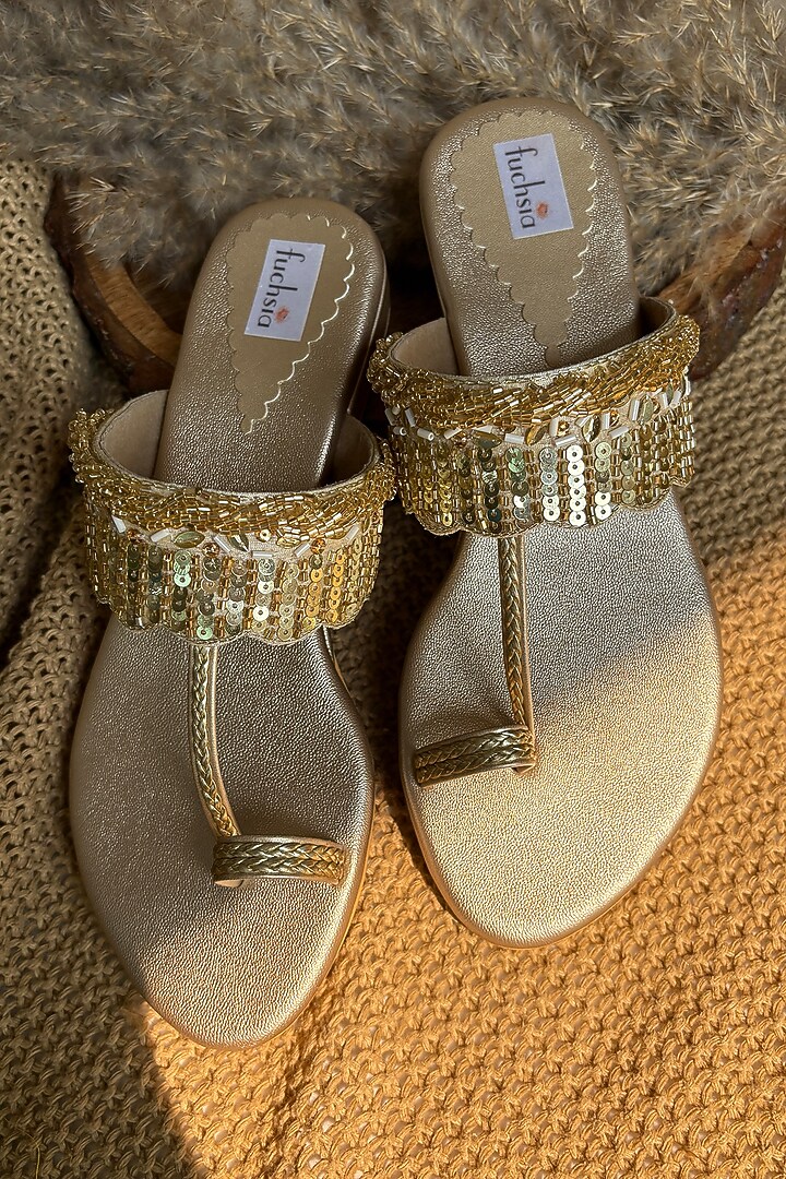 Golden Silk Bead & Sequin Hand Embellished Kolhapuri Flats by Fuchsia by Aashka Mehta at Pernia's Pop Up Shop