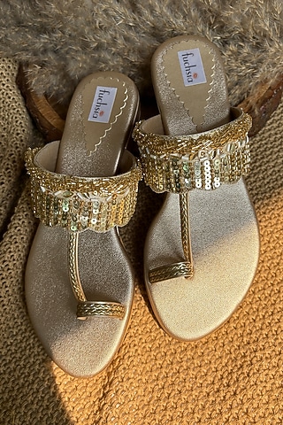Golden Silk Bead & Sequin Hand Embellished Kolhapuri Flats by Fuchsia by Aashka Mehta