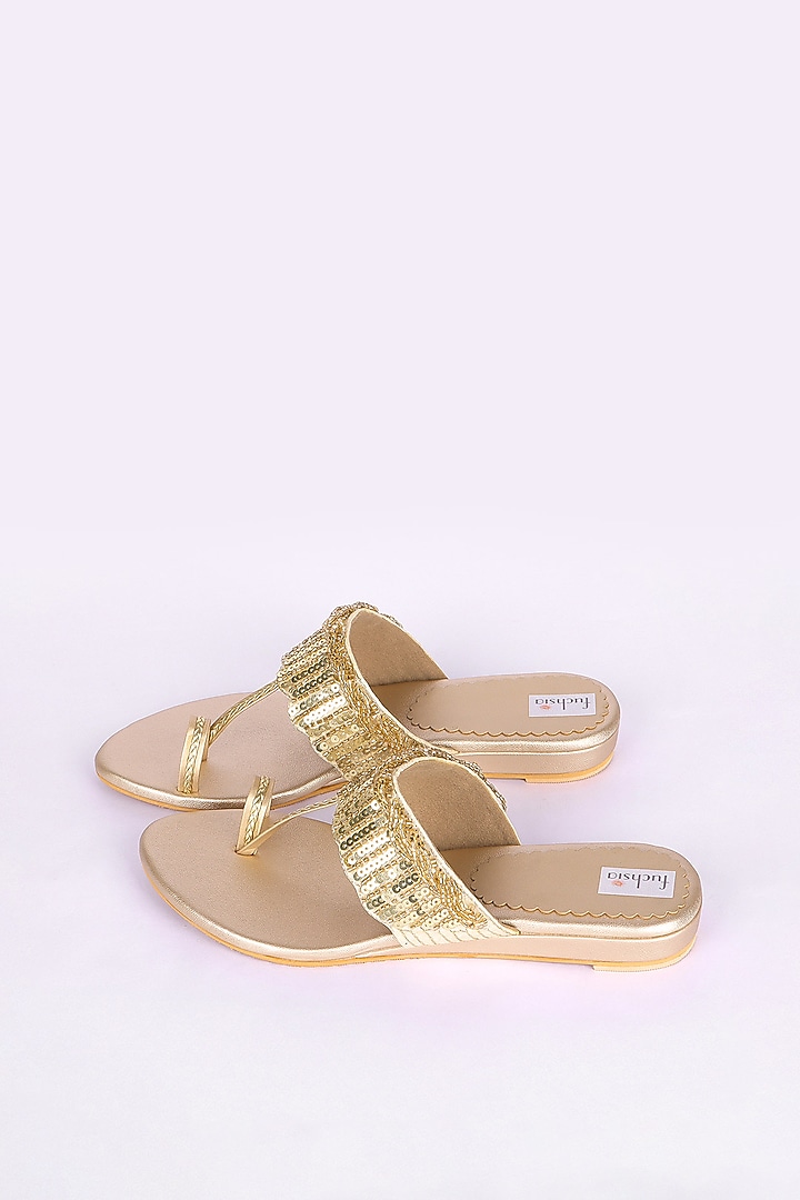 Golden Silk Bead & Sequin Hand Embellished Kolhapuri Flats by Fuchsia by Aashka Mehta at Pernia's Pop Up Shop
