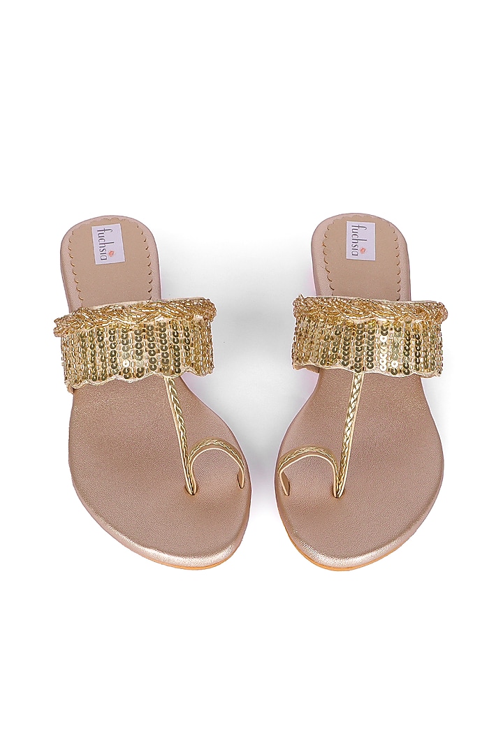 Golden Silk Bead & Sequin Hand Embellished Kolhapuri Flats by Fuchsia by Aashka Mehta at Pernia's Pop Up Shop
