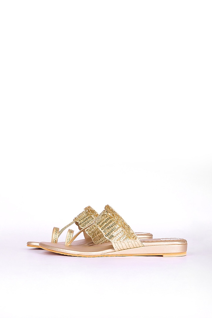 Golden Silk Bead & Sequin Hand Embellished Kolhapuri Flats by Fuchsia by Aashka Mehta at Pernia's Pop Up Shop