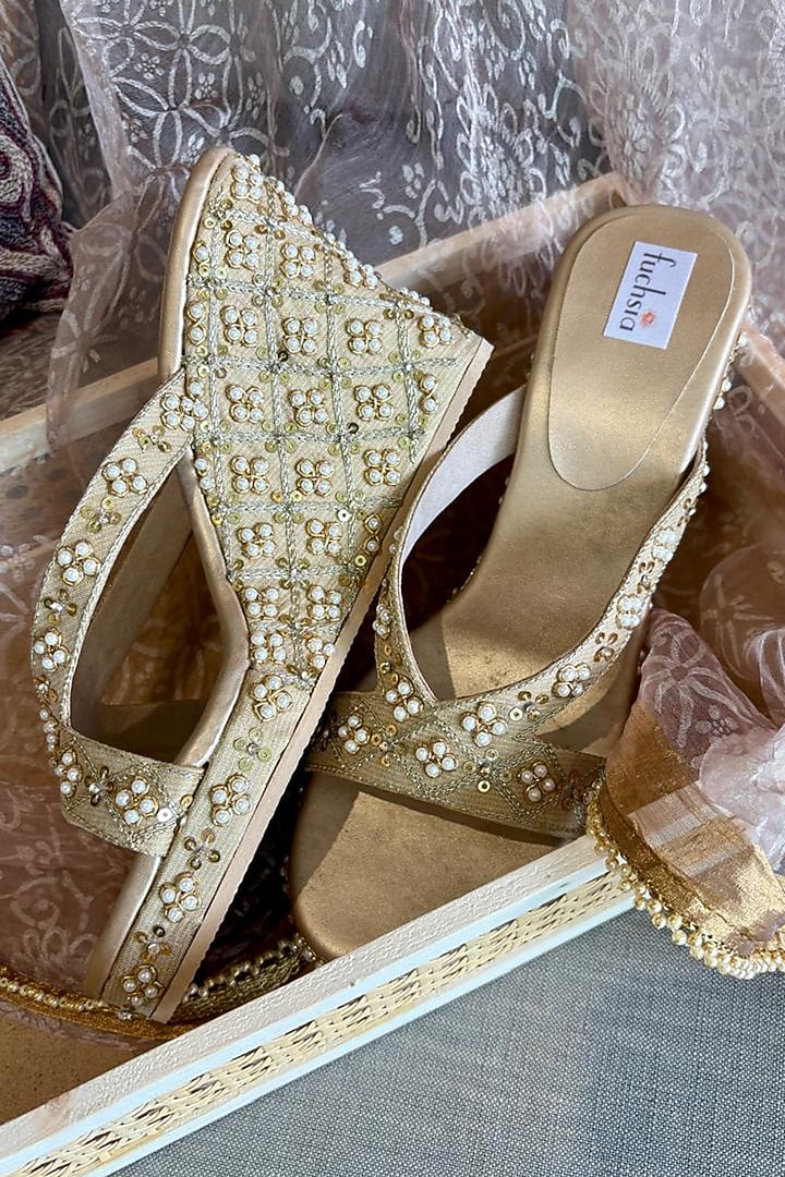 Gold Silk Sequin & Pearl Hand Embellished Kolhapuri Heels by Fuchsia by Aashka Mehta at Pernia's Pop Up Shop