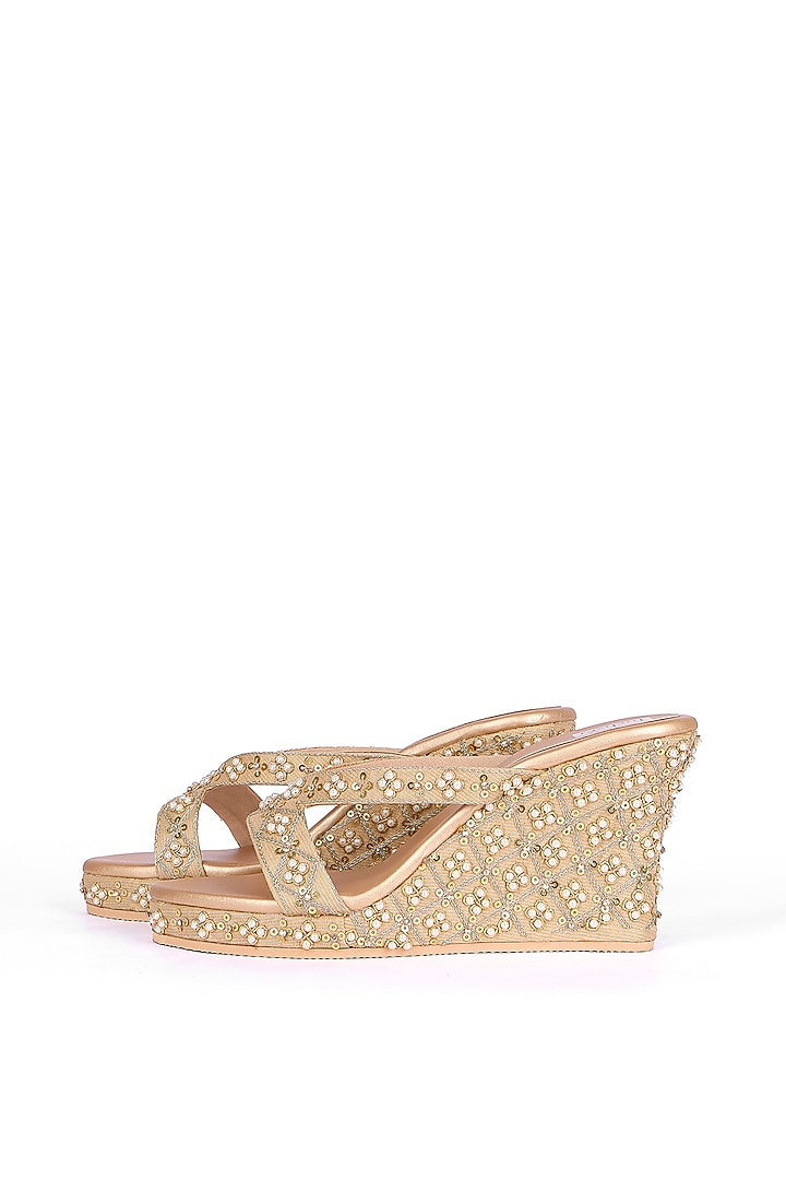 Gold Silk Sequin & Pearl Hand Embellished Kolhapuri Heels by Fuchsia by Aashka Mehta at Pernia's Pop Up Shop