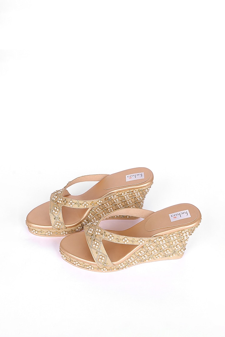 Gold Silk Sequin & Pearl Hand Embellished Kolhapuri Heels by Fuchsia by Aashka Mehta at Pernia's Pop Up Shop