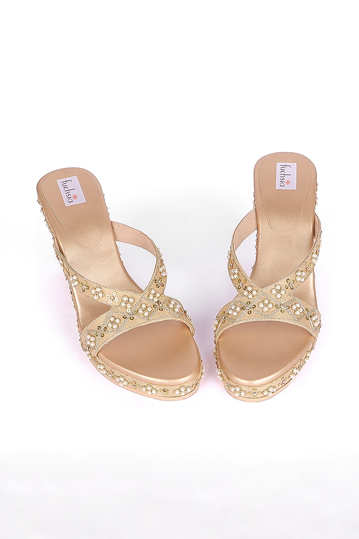 Gold Silk Sequin & Pearl Hand Embellished Kolhapuri Heels by Fuchsia by Aashka Mehta at Pernia's Pop Up Shop