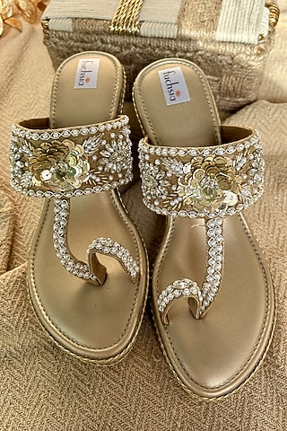 Golden Silk Sequins Embellished Kolhapuri Heels by Fuchsia by Aashka Mehta