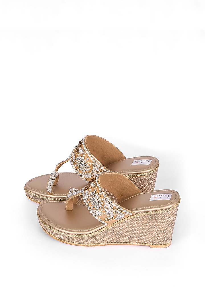Golden Silk Sequins Embellished Kolhapuri Heels by Fuchsia by Aashka Mehta at Pernia's Pop Up Shop