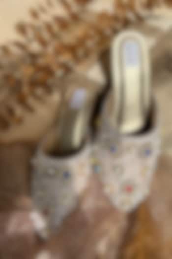 Multi-Colored Silk Moti & Pearl Embellished Mojaris by Fuchsia by Aashka Mehta at Pernia's Pop Up Shop