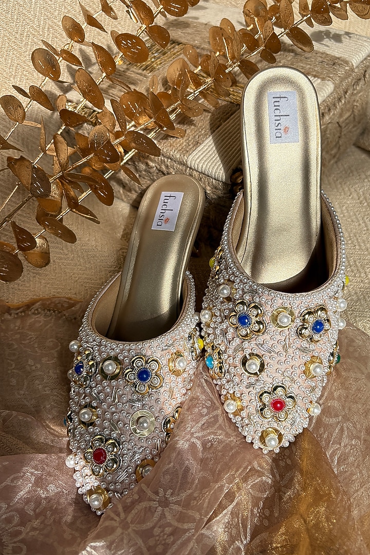 Multi-Colored Silk Moti & Pearl Embellished Mojaris by Fuchsia by Aashka Mehta at Pernia's Pop Up Shop