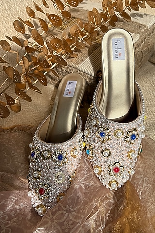 Multi-Colored Silk Moti & Pearl Embellished Mojaris by Fuchsia by Aashka Mehta
