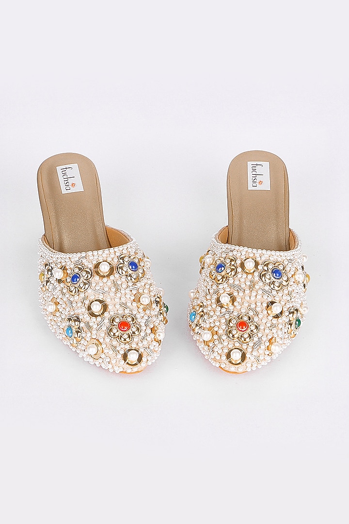Multi-Colored Silk Moti & Pearl Embellished Mojaris by Fuchsia by Aashka Mehta at Pernia's Pop Up Shop