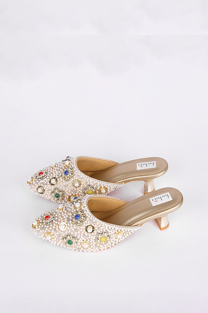 Multi-Colored Silk Moti & Pearl Embellished Mojaris by Fuchsia by Aashka Mehta at Pernia's Pop Up Shop