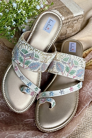 Gold Velvet Moti & Bead Embellished Heels by Fuchsia by Aashka Mehta