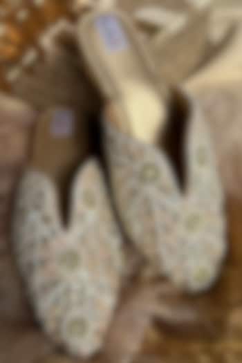 Gold Silk Pearl & Kundan Hand Embroidered Mojaris by Fuchsia by Aashka Mehta at Pernia's Pop Up Shop