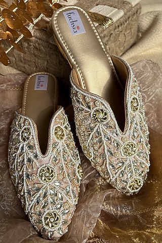 Gold Silk Pearl & Kundan Hand Embroidered Mojaris by Fuchsia by Aashka Mehta