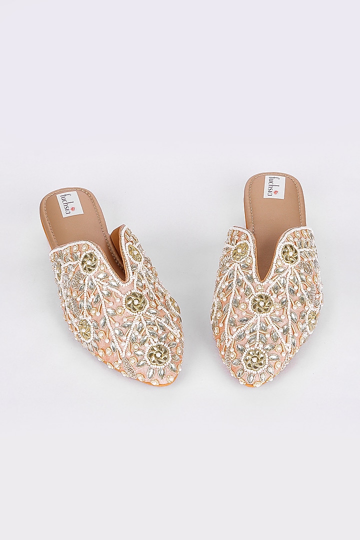 Gold Silk Pearl & Kundan Hand Embroidered Mojaris by Fuchsia by Aashka Mehta at Pernia's Pop Up Shop
