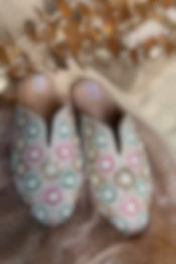 Multi-Colored Silk Pearl & Kundan Hand Embroidered Mojaris by Fuchsia by Aashka Mehta at Pernia's Pop Up Shop