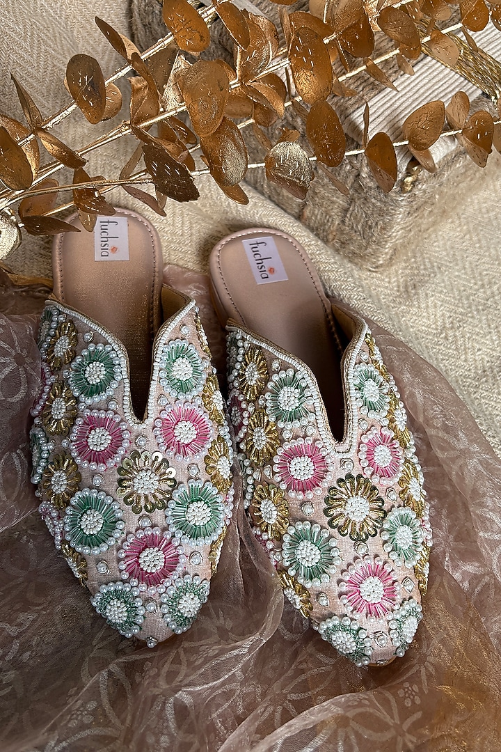 Multi-Colored Silk Pearl & Kundan Hand Embroidered Mojaris by Fuchsia by Aashka Mehta at Pernia's Pop Up Shop