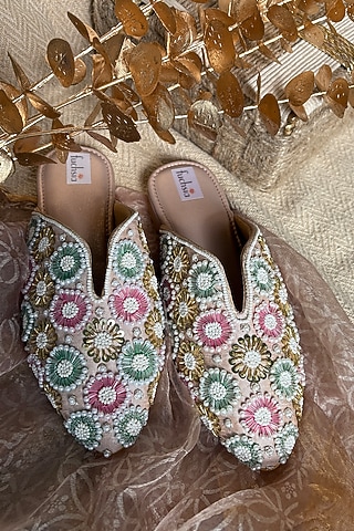 Multi-Colored Silk Pearl & Kundan Hand Embroidered Mojaris by Fuchsia by Aashka Mehta
