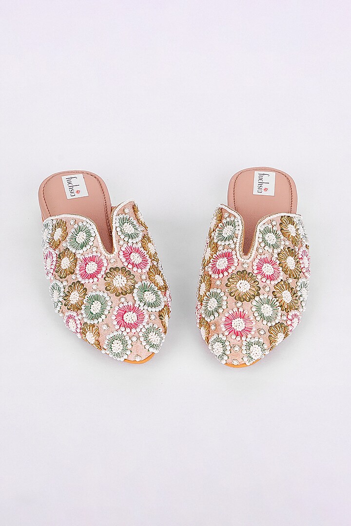 Multi-Colored Silk Pearl & Kundan Hand Embroidered Mojaris by Fuchsia by Aashka Mehta at Pernia's Pop Up Shop