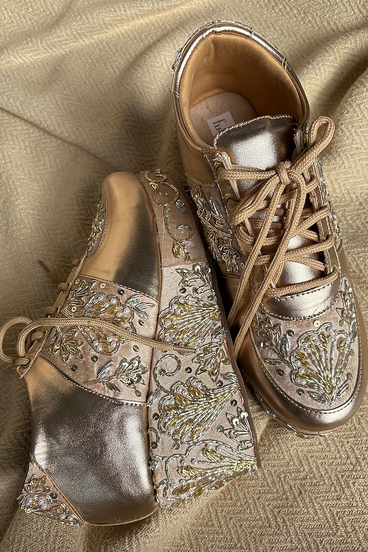 Gold Silk Zari Thread & Sequins Hand Embroidered Sneakers by Fuchsia by Aashka Mehta at Pernia's Pop Up Shop