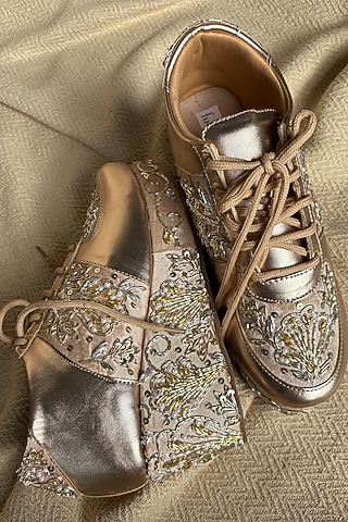 Gold Silk Zari Thread & Sequins Hand Embroidered Sneakers by Fuchsia by Aashka Mehta