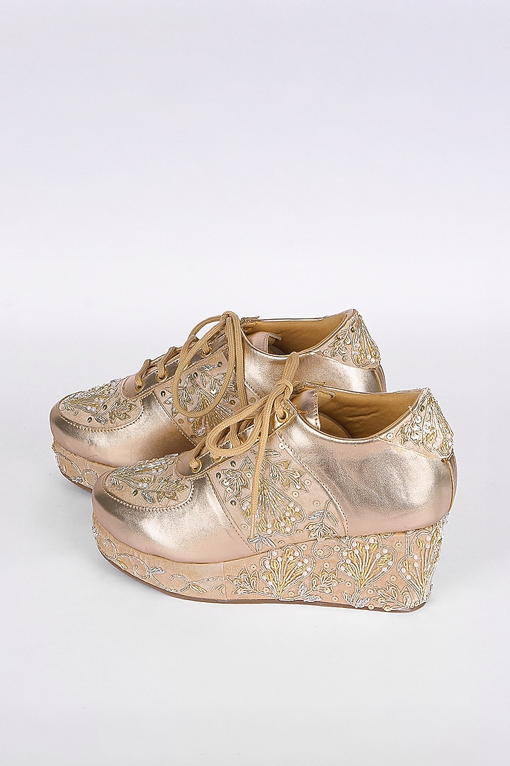 Gold Silk Zari Thread & Sequins Hand Embroidered Sneakers by Fuchsia by Aashka Mehta at Pernia's Pop Up Shop
