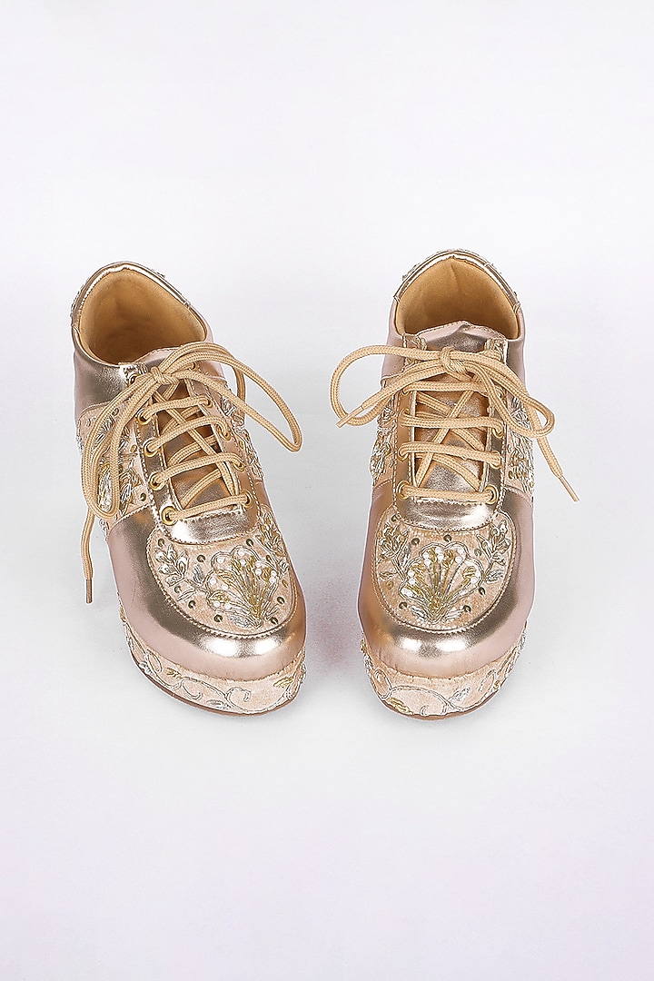 Gold Silk Zari Thread & Sequins Hand Embroidered Sneakers by Fuchsia by Aashka Mehta at Pernia's Pop Up Shop