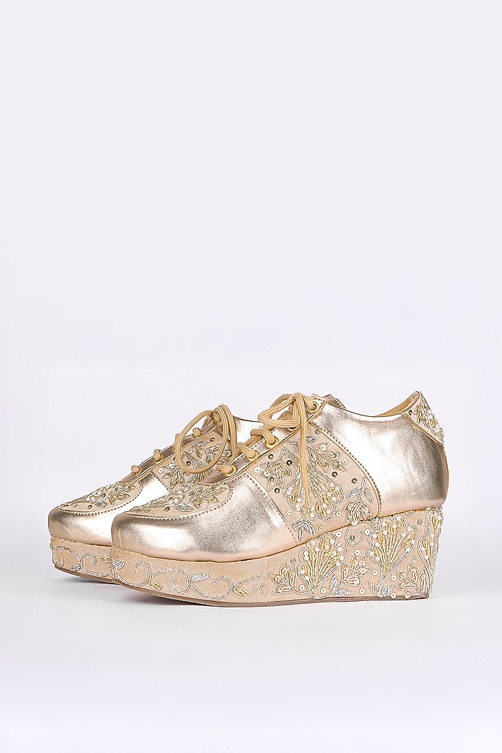 Gold Silk Zari Thread & Sequins Hand Embroidered Sneakers by Fuchsia by Aashka Mehta at Pernia's Pop Up Shop