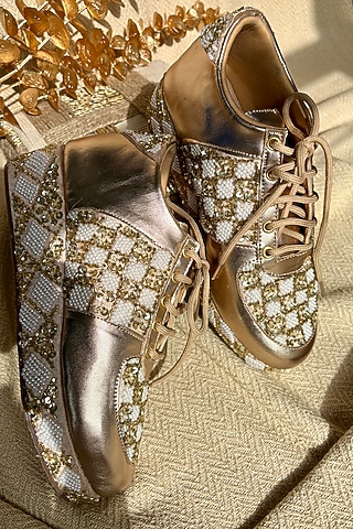 Gold Silk Zari Thread & Sequins Hand Embroidered Sneakers by Fuchsia by Aashka Mehta