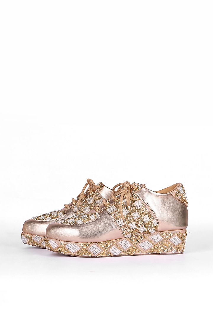 Gold Silk Zari Thread & Sequins Hand Embroidered Sneakers by Fuchsia by Aashka Mehta at Pernia's Pop Up Shop