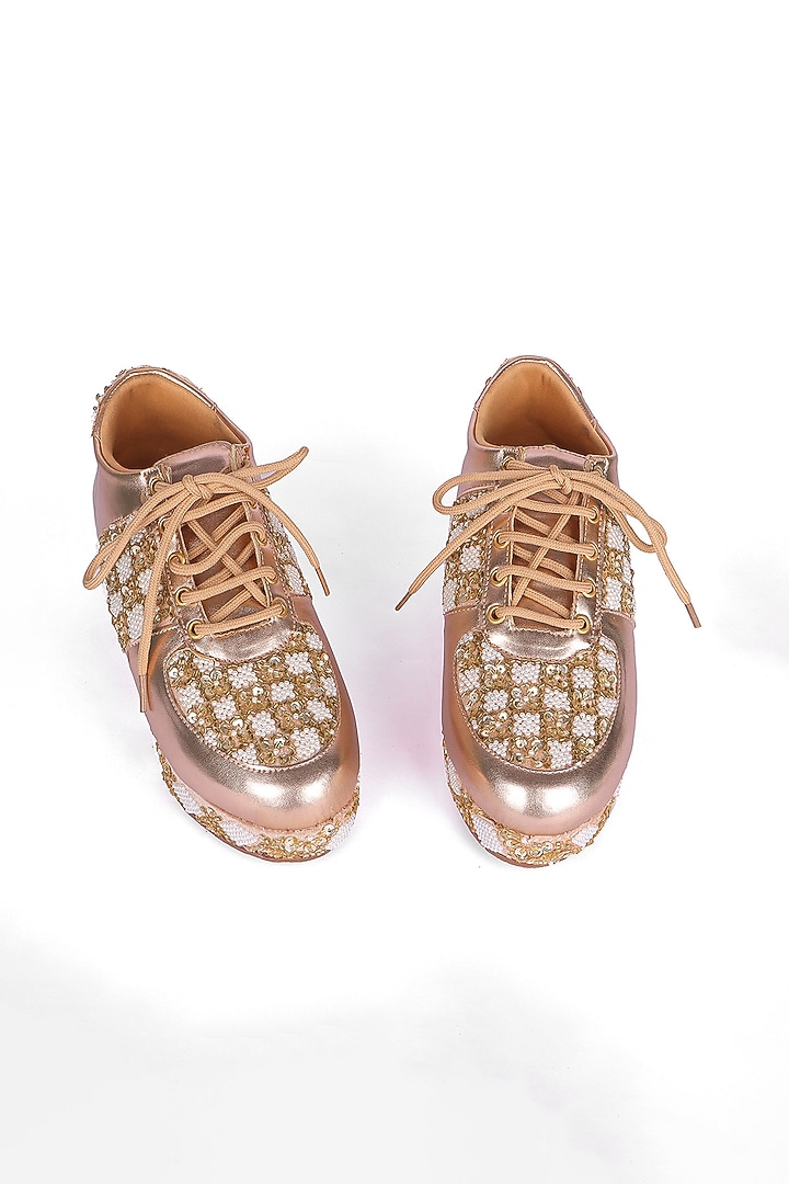 Gold Silk Zari Thread & Sequins Hand Embroidered Sneakers by Fuchsia by Aashka Mehta at Pernia's Pop Up Shop