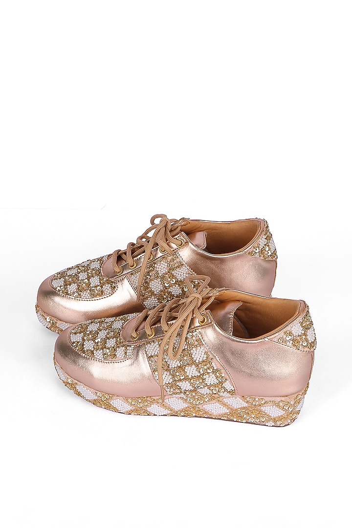 Gold Silk Zari Thread & Sequins Hand Embroidered Sneakers by Fuchsia by Aashka Mehta at Pernia's Pop Up Shop