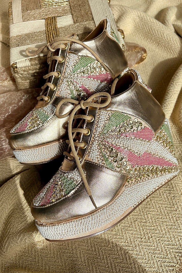 Multi-Colored Silk Bead & Thread Embroidered Sneakers by Fuchsia by Aashka Mehta at Pernia's Pop Up Shop