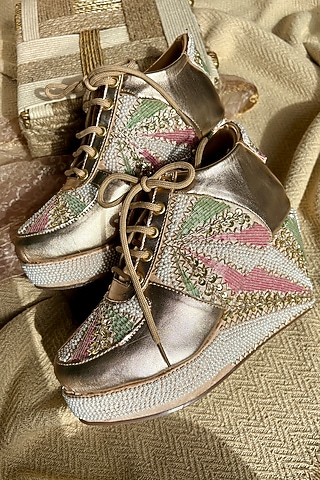 Multi-Colored Silk Bead & Thread Embroidered Sneakers by Fuchsia by Aashka Mehta