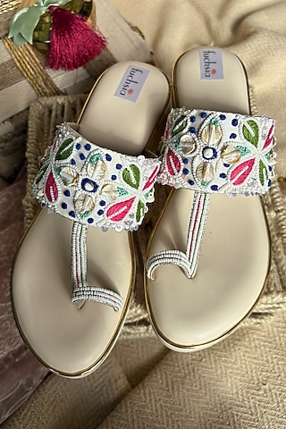 Multi-Colored Silk Bead & Resham Hand Embroidered Kolhapuri Heels by Fuchsia by Aashka Mehta