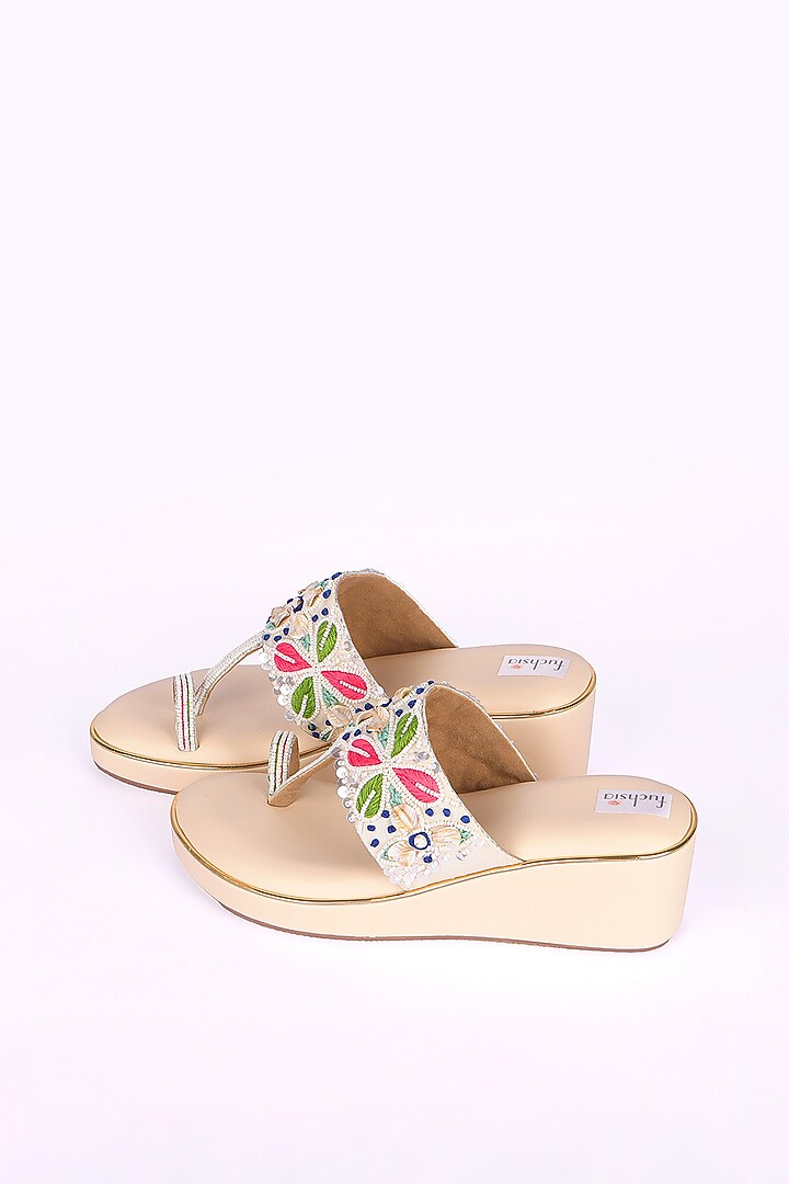Multi-Colored Silk Bead & Resham Hand Embroidered Kolhapuri Heels by Fuchsia by Aashka Mehta at Pernia's Pop Up Shop